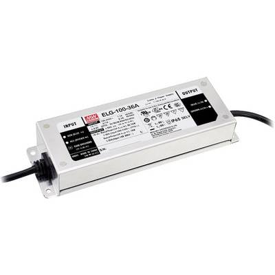 Ein länglicher LED-Treiber mit weißen Etiketten, zahlreichen technischen Spezifikationen, Eingangs- und Ausgangskennzeichnungen.