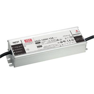 Elektronisches Gerät mit Beschriftung 'HLG-120H-12A'. Es zeigt Ein- und Ausgänge, technische Spezifikationen und Symbole für elektrische Sicherheit.