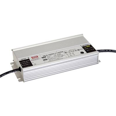 Ein rechteckiges LED-Netzteil mit technischen Informationen und Anschlüssen. Markierung mit Modellnummer 'HLG-480H-C1400A'.
