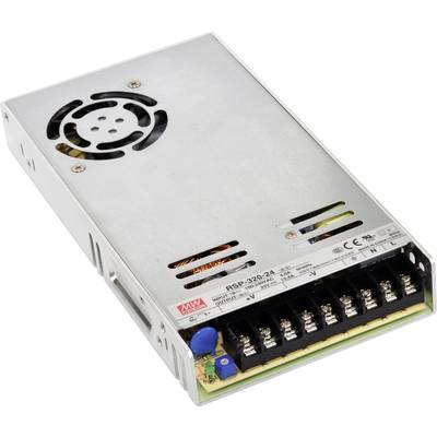 Ein silbernes Netzteil mit Lüfter und schwarzen Anschlüssen, geeignet für den Einsatz in elektronischen Geräten. Modellnummer: RSP-320-24.
