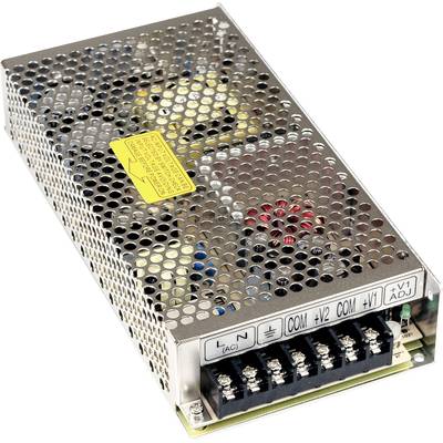 Ein rechteckiges Metallnetzteil mit mehreren Anschlüssen und gelbem Warnhinweisaufkleber. Es ist für die Stromversorgung elektronischer Geräte verwendet.