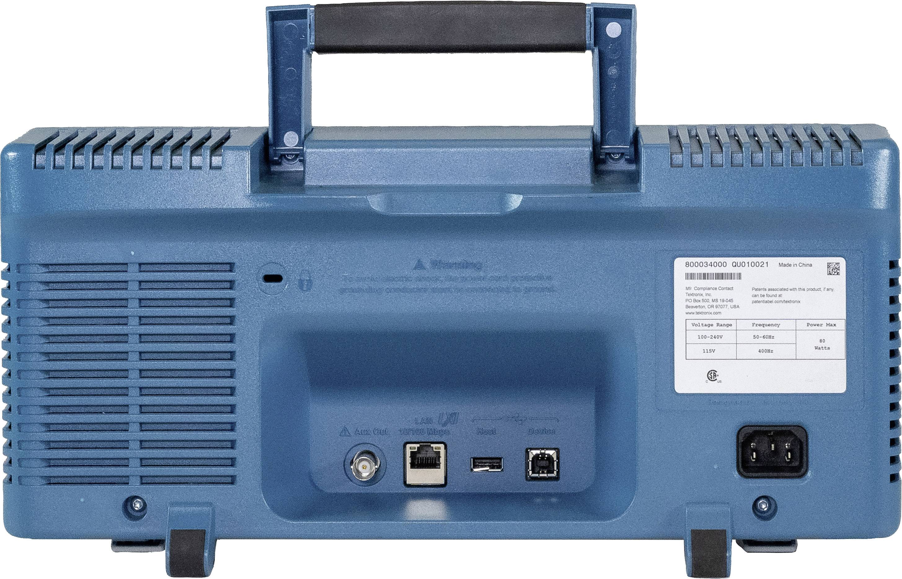 Rückseite eines medizinischen Geräts mit Griff, Ethernet- und USB-Anschlüssen, Beschriftungen und Warnhinweisen.