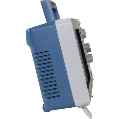 Ein blaues und graues elektronisches Gerät seitlich, mit mehreren Drehreglern vorne.