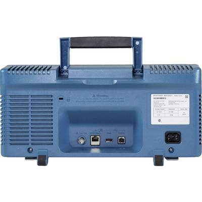 Rückansicht eines blauen elektronischen Geräts mit Griff, mehreren Anschlüssen und einem Etikett mit technischen Spezifikationen.