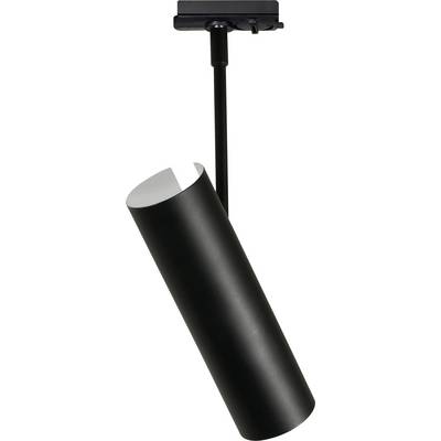 Schwarze Deckenleuchte mit zylindrischem Lampenschirm, schräg nach unten geneigt. Moderner, minimalistischer Stil.