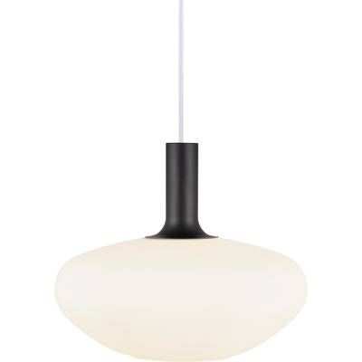 Weiße, kugelförmige Hängelampe mit schwarzer Halterung und sichtbarem Kabel, geeignet für moderne Innenräume.