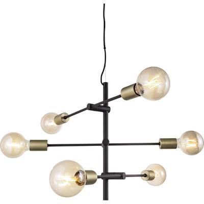 Eine moderne Deckenleuchte mit sechs sichtbaren Glühbirnen, die jeweils an einem schwarzen Metallgestell mit goldfarbenen Fassungselementen befestigt sind.