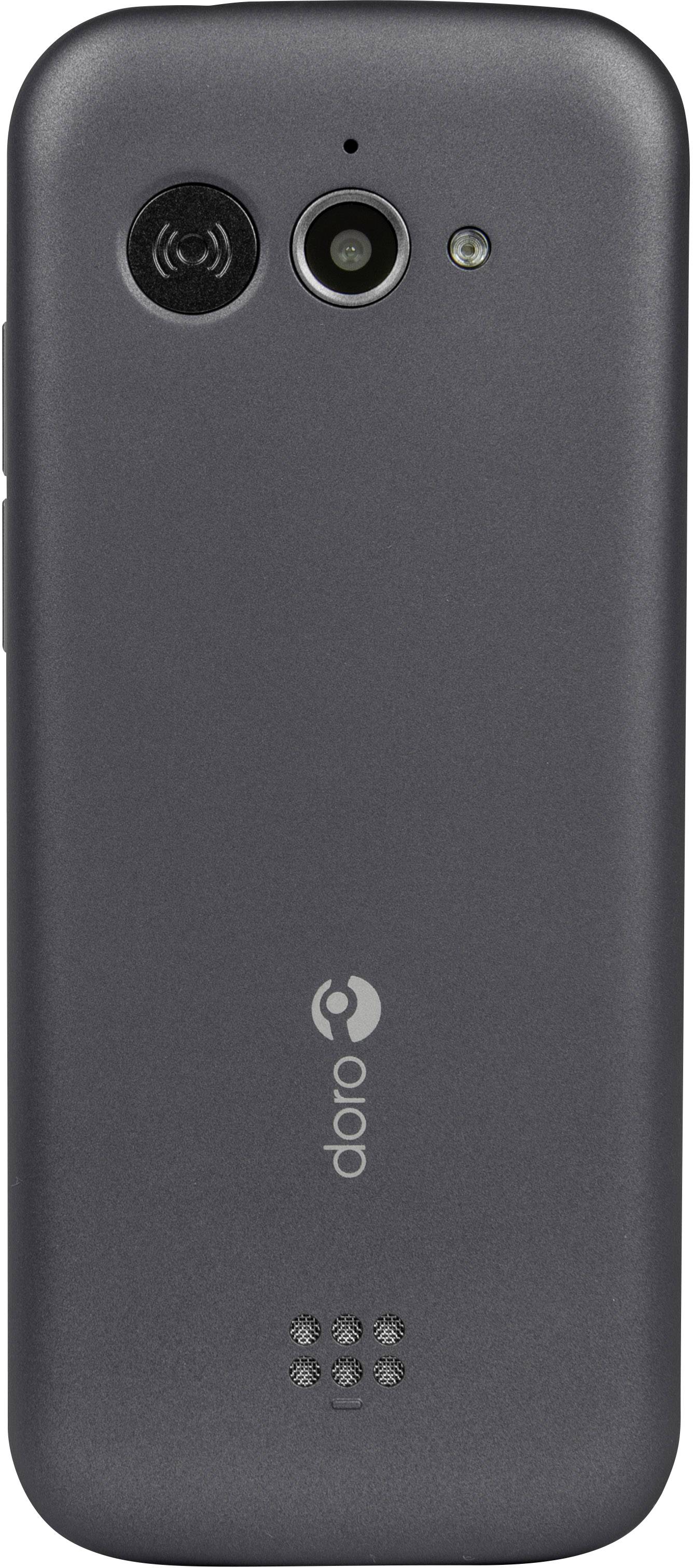 Rückseite eines Mobiltelefons der Marke Doro mit Kamera, Lautsprecher und Blitz in dunkler Gehäusefarbe.