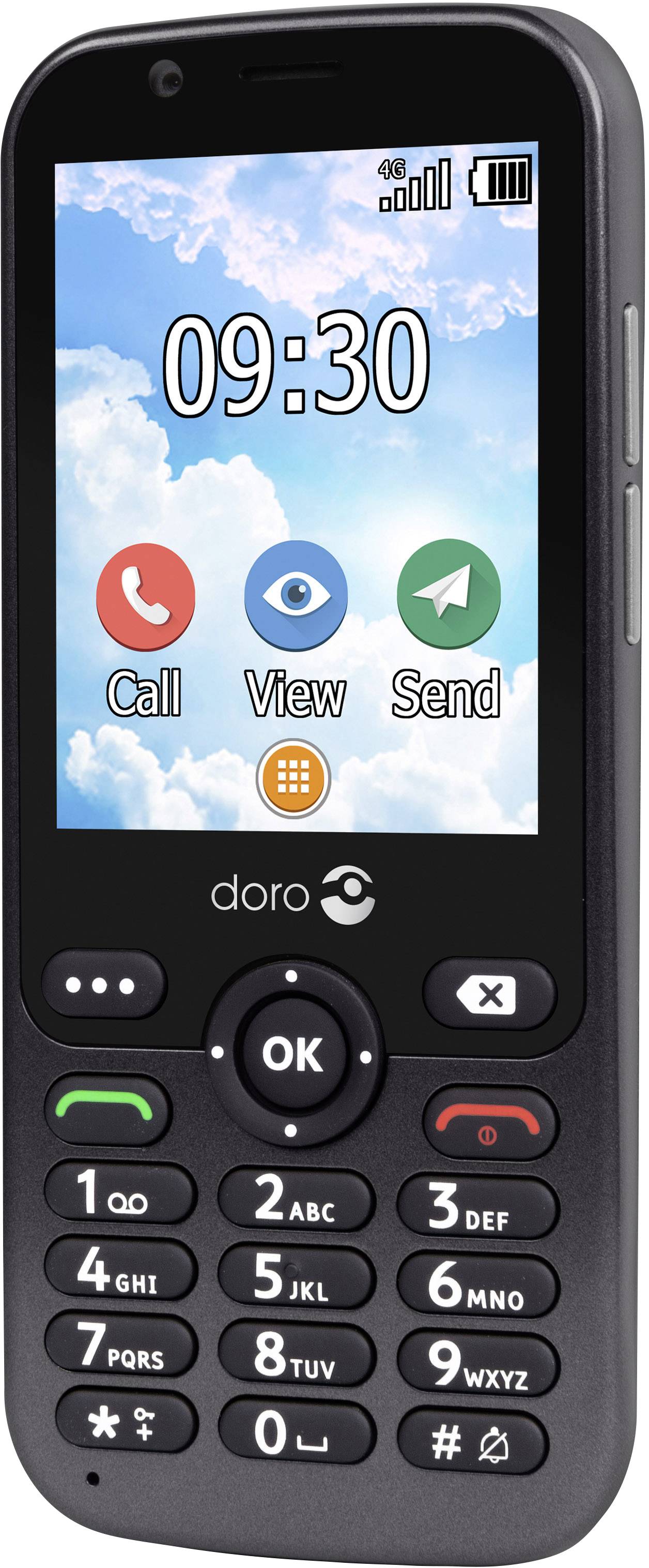 Schlichtes Mobiltelefon mit großen Tasten und Display. Zu sehen sind Anruf-, Ansicht- und Sendesymbole. Anzeigezeit: 09:30.