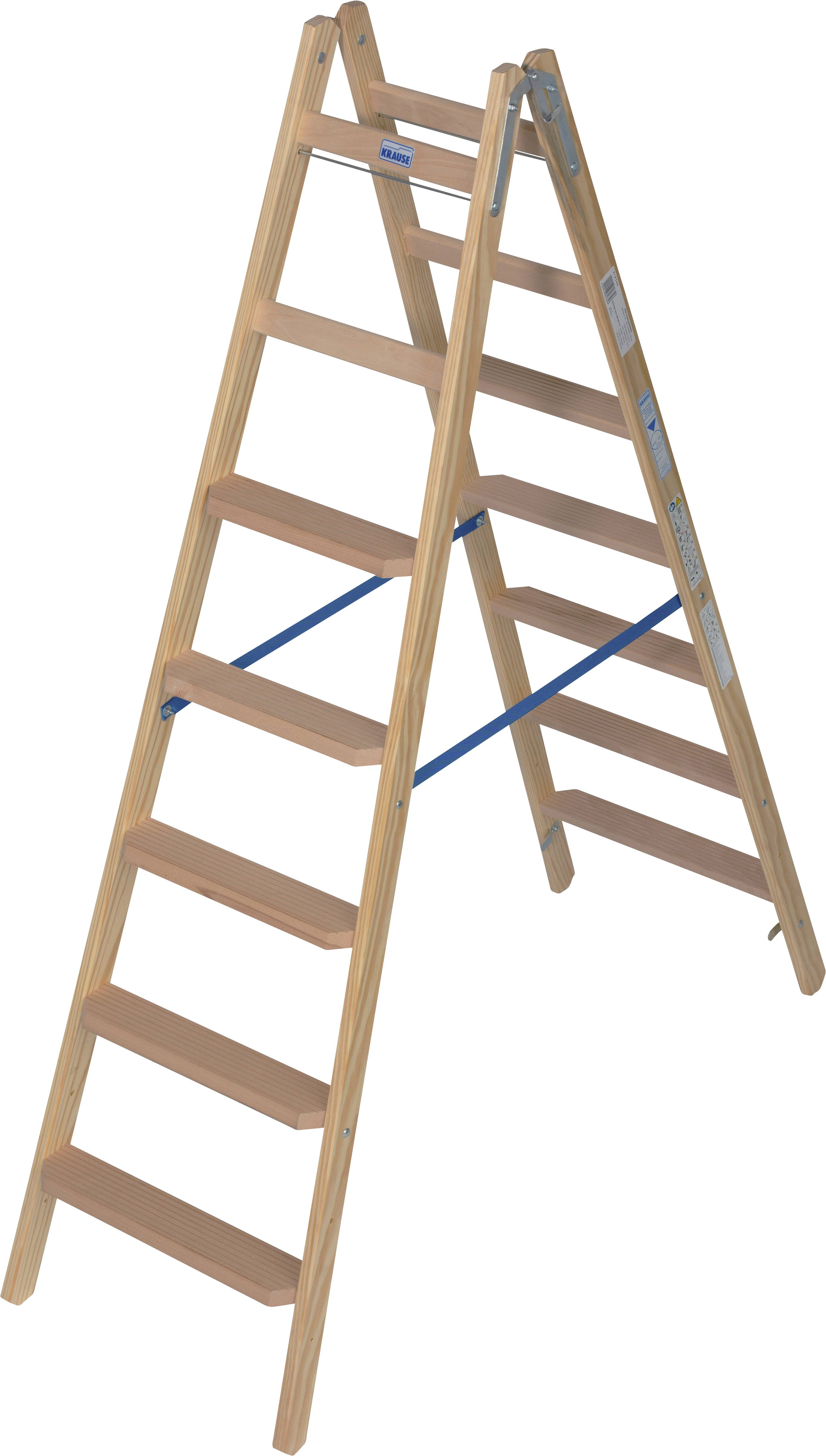 'Holzleiter mit sieben Sprossen und blauer Strebe in der Mitte, freistehend.'