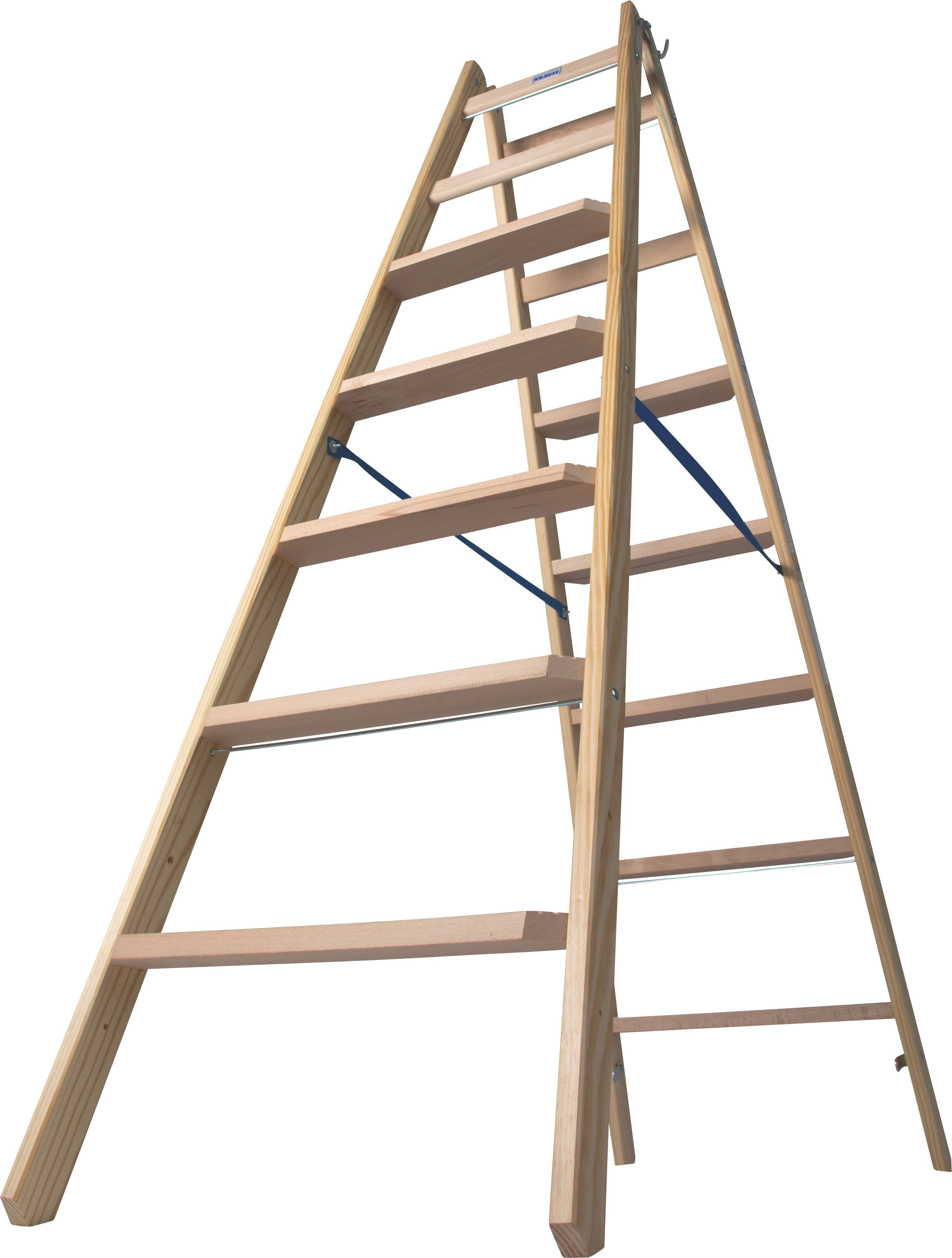 Holzleiter mit mehreren Sprossen, vollständig ausgeklappt und stabil stehend. Geeignet für den Innen- und Außenbereich.