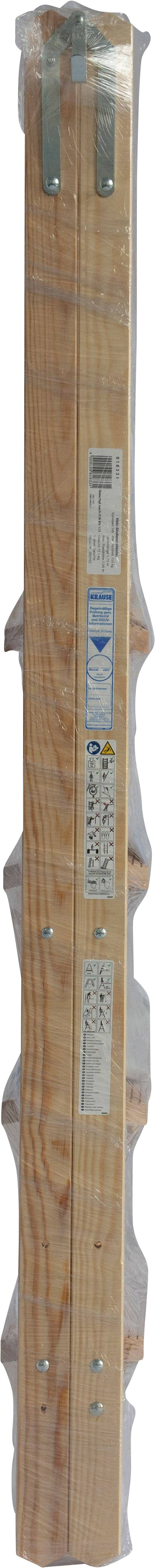 Holzlatte mit Metallbeschlägen und Etikett, vertikal angeordnet.