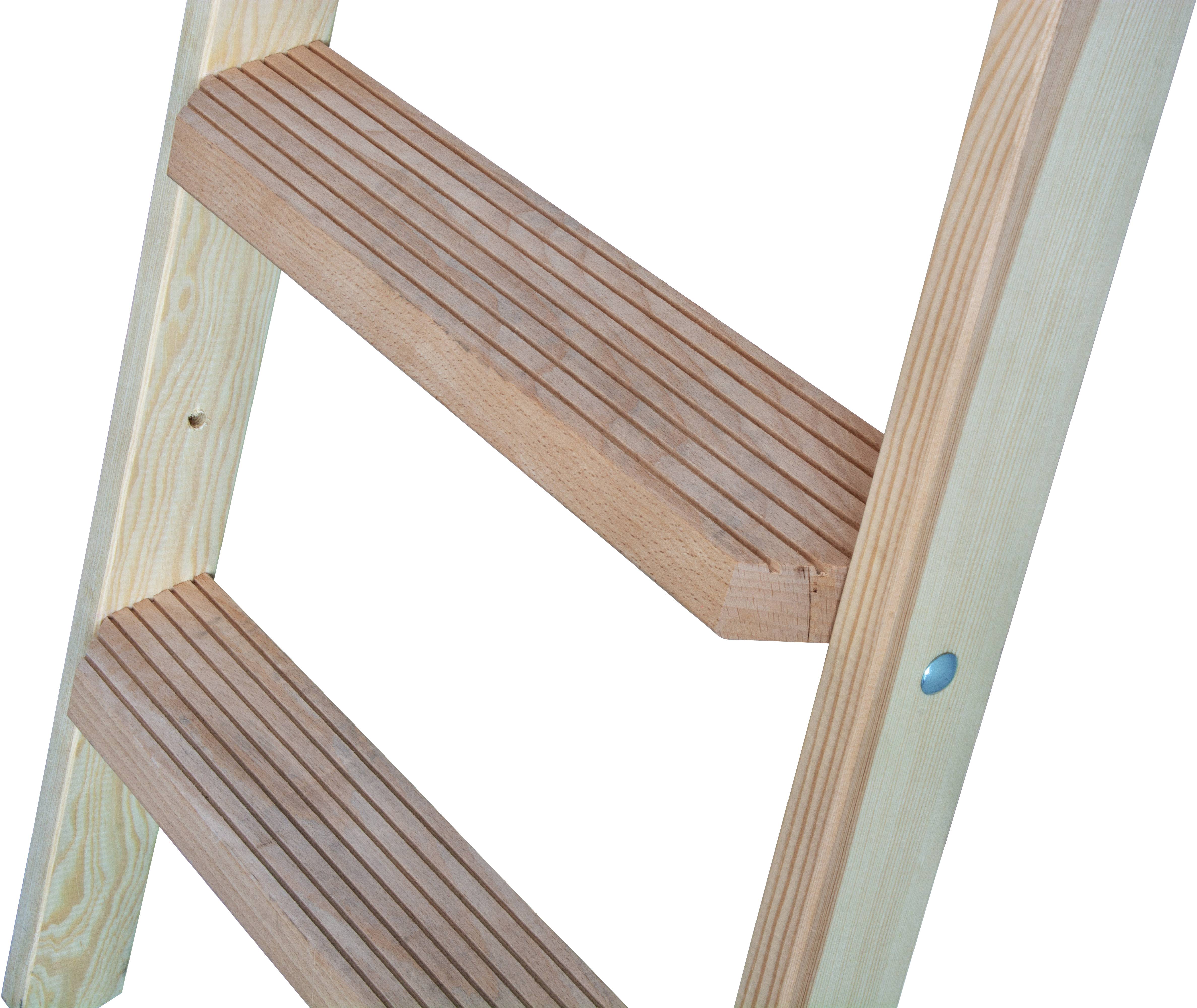 Holzleiter mit drei sichtbaren Sprossen aus hellem Holz. Die Oberfläche der Sprossen ist gerillt für bessere Rutschfestigkeit.