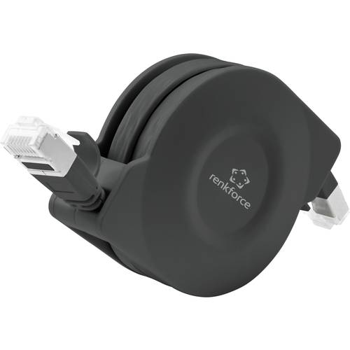 Renkforce RF-4476386 RJ45 Netzwerkkabel, Patchkabel CAT 6a U/FTP 1.50 m Schwarz Flache Ausführung, inkl. Aufroller 1 St.