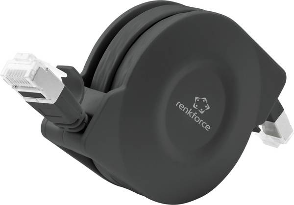 Renkforce RF-4476386 RJ45 Patchkabel CAT 6a U/FTP 1.50 m Schwarz Flache Ausführung, inkl. Aufroller 1 St.