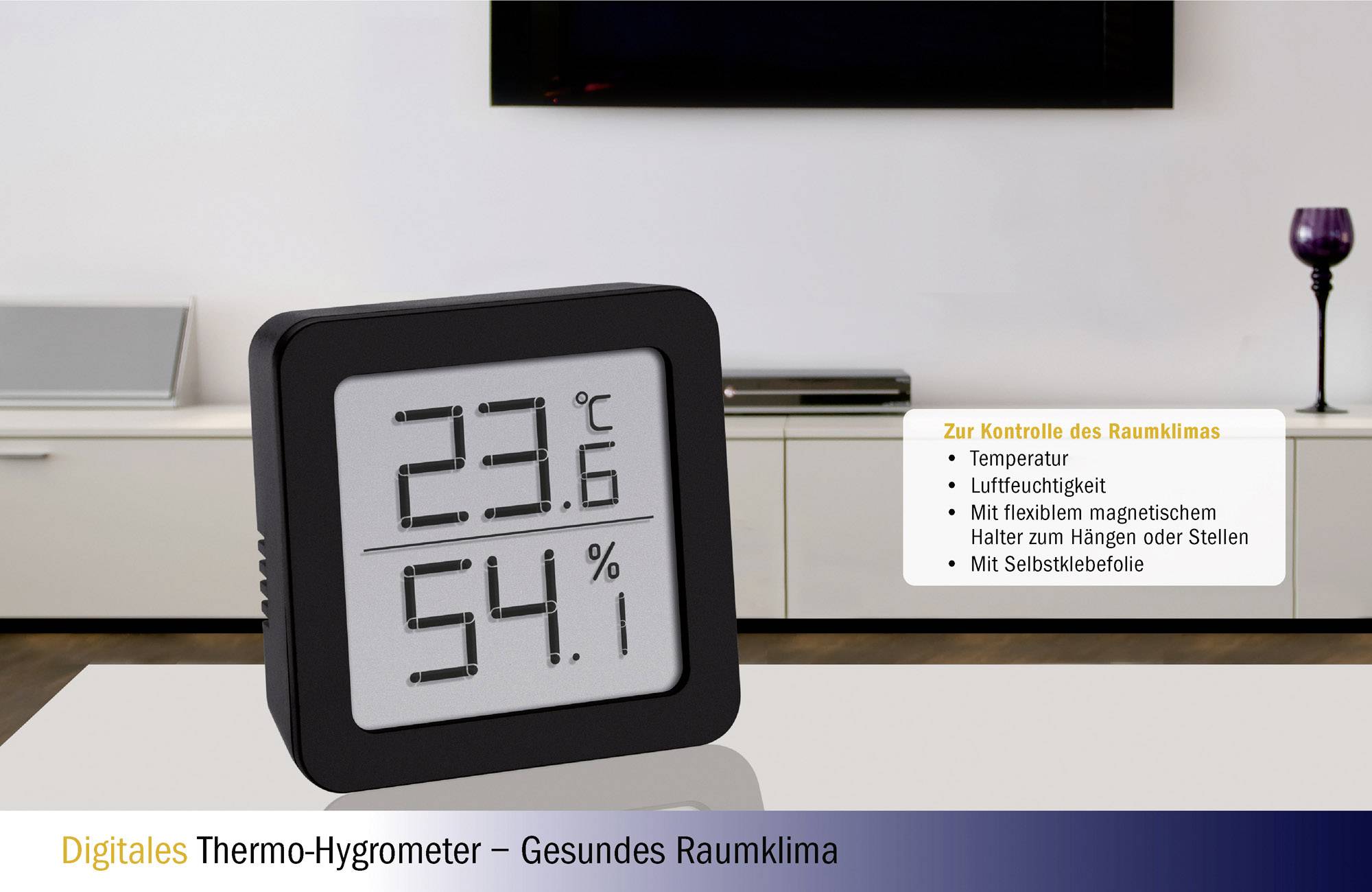 Ein digitales Thermo-Hygrometer zeigt '23,6°C' und '54%' an. Text: 'Zur Kontrolle des Raumklimas: Temperatur, Luftfeuchtigkeit'.