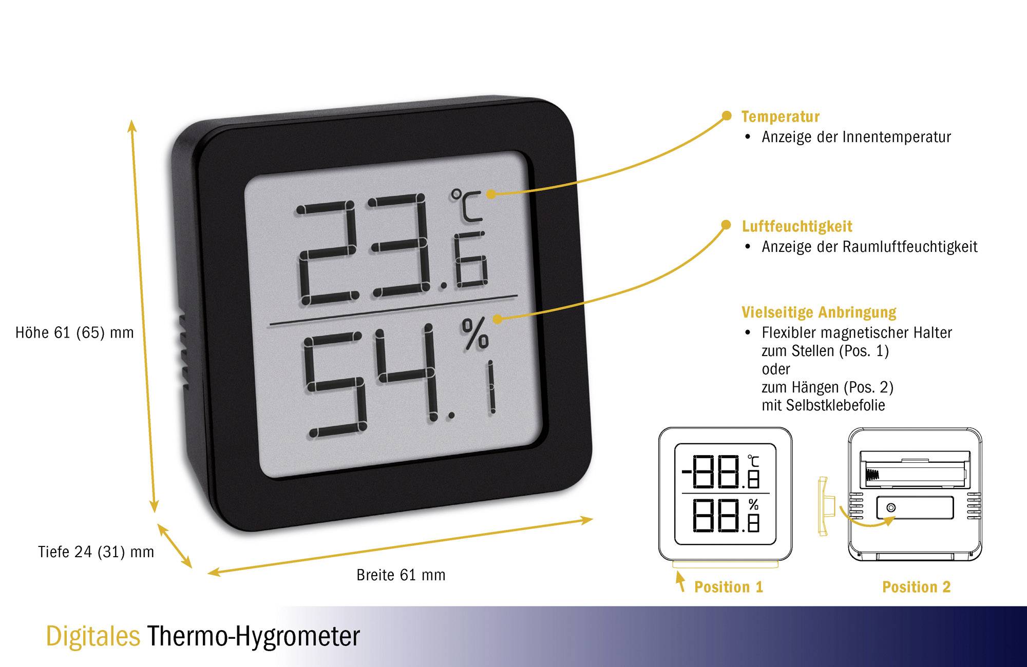 Digitales Thermo-Hygrometer zeigt Temperatur und Luftfeuchtigkeit auf Display, vielseitige Anbringung, Maße 61x61x24 mm.