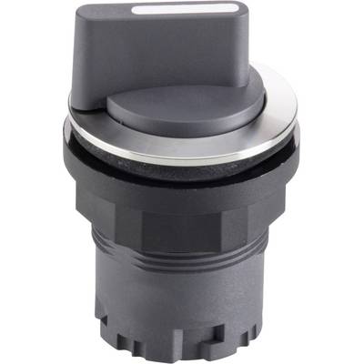 Schwarzer Drehschalter mit silbernem Ring. Flacher, geriffelter Griff für einfache Bedienung. Industrielles Design, robust gebaut.