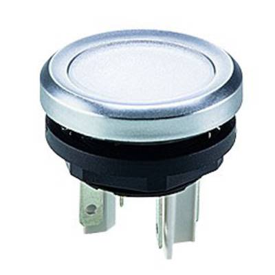 Ein runder, silberner Druckknopf mit Metallgehäuse und mehreren Anschlussstiften, geeignet für elektronische Schaltkreise.