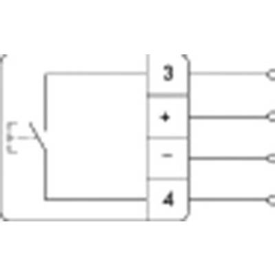 Diagramm eines elektrischen Schalters mit zwei Eingängen und drei Ausgängen, die mit '+' und '-' gekennzeichnet sind.