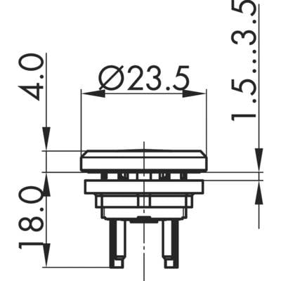 Technische Zeichnung eines runden Bauteils mit Maßen: Durchmesser 23,5 mm, Höhe 3,5 mm, Gesamthöhe 18 mm.