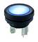 Ein runder, blauer LED-Druckschalter mit einem schwarzen Gehäuse und Metallkontakten.