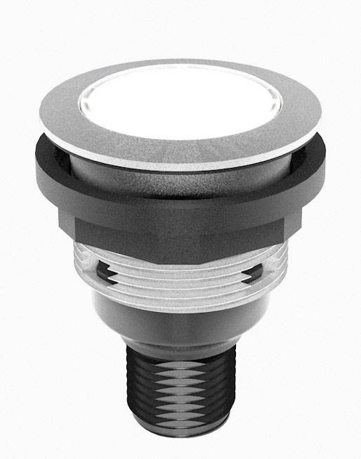Ein LED-Bodeneinbaustrahler mit kreisförmigem Design, schwarzem Gehäuse und einer klaren Abdeckung für Außenbeleuchtungen.