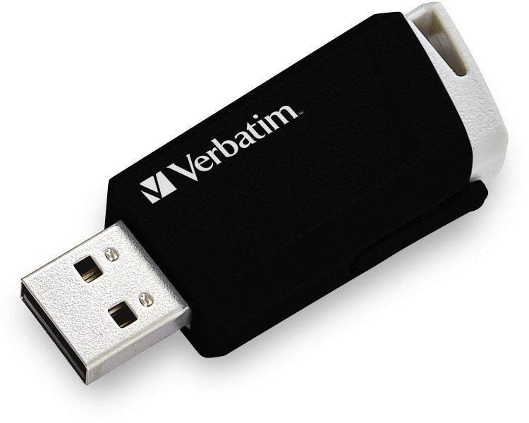 USB-Stick von Verbatim mit schwarzem Gehäuse und silbernem Anschluss sichtbar.