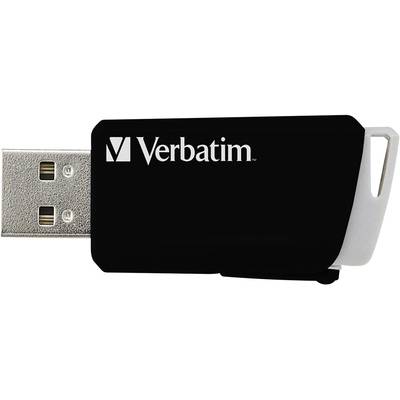 Ein schwarzer USB-Stick der Marke Verbatim mit einem abnehmbaren Deckel.