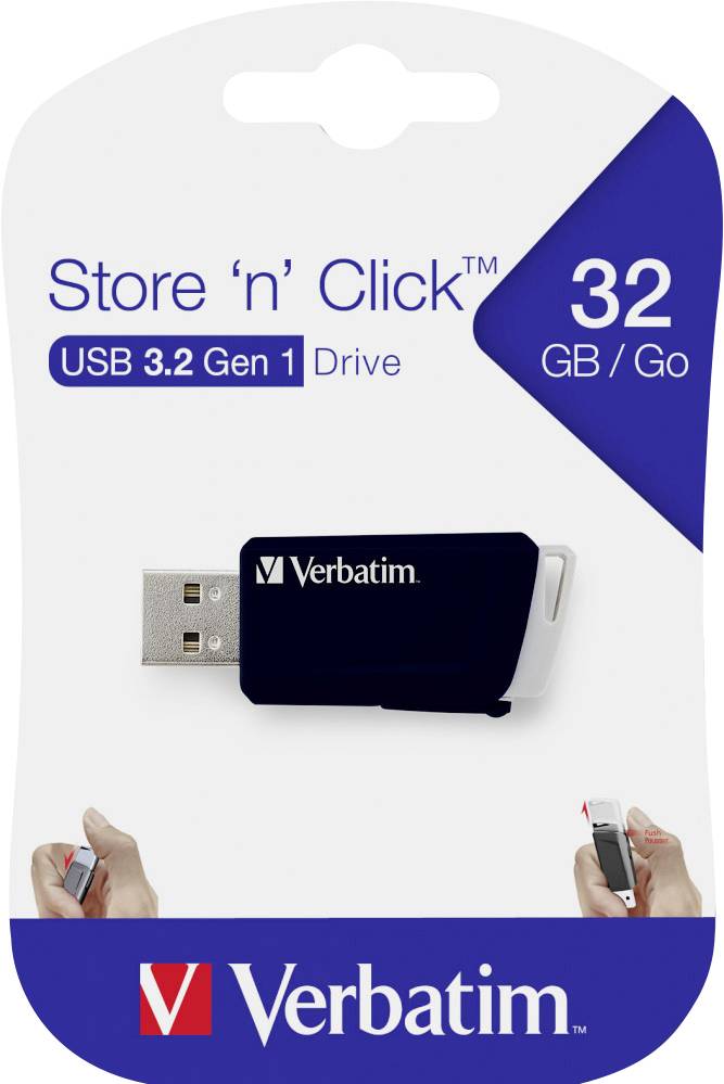 Verbatim USB-Stick, 32 GB, USB 3.2 Gen 1, 'Store 'n’ Click' Modell, auf Verpackung dargestellt.