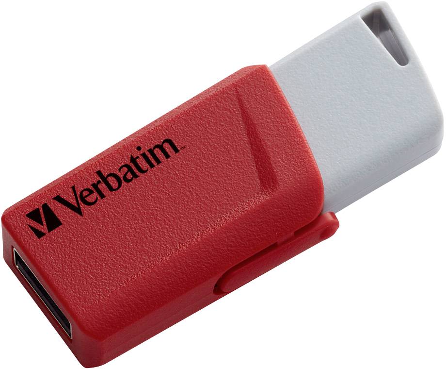 Ein roter USB-Stick der Marke Verbatim mit grauem Anschluss.