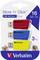 Drei USB-Sticks in Rot, Blau und Gelb, jeweils 16 GB, von Verbatim. Produktname: 'Store 'n' Click'. USB 3.2 Gen 1.