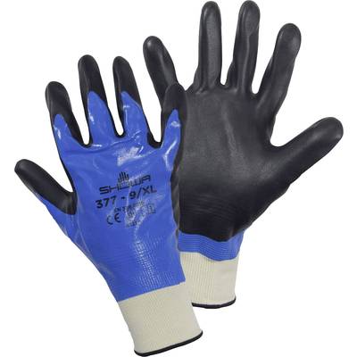 Zwei Arbeitshandschuhe aus beschichtetem Material, schwarz und blau. Der linke Handschuh zeigt die Handfläche, der rechte den Handrücken.