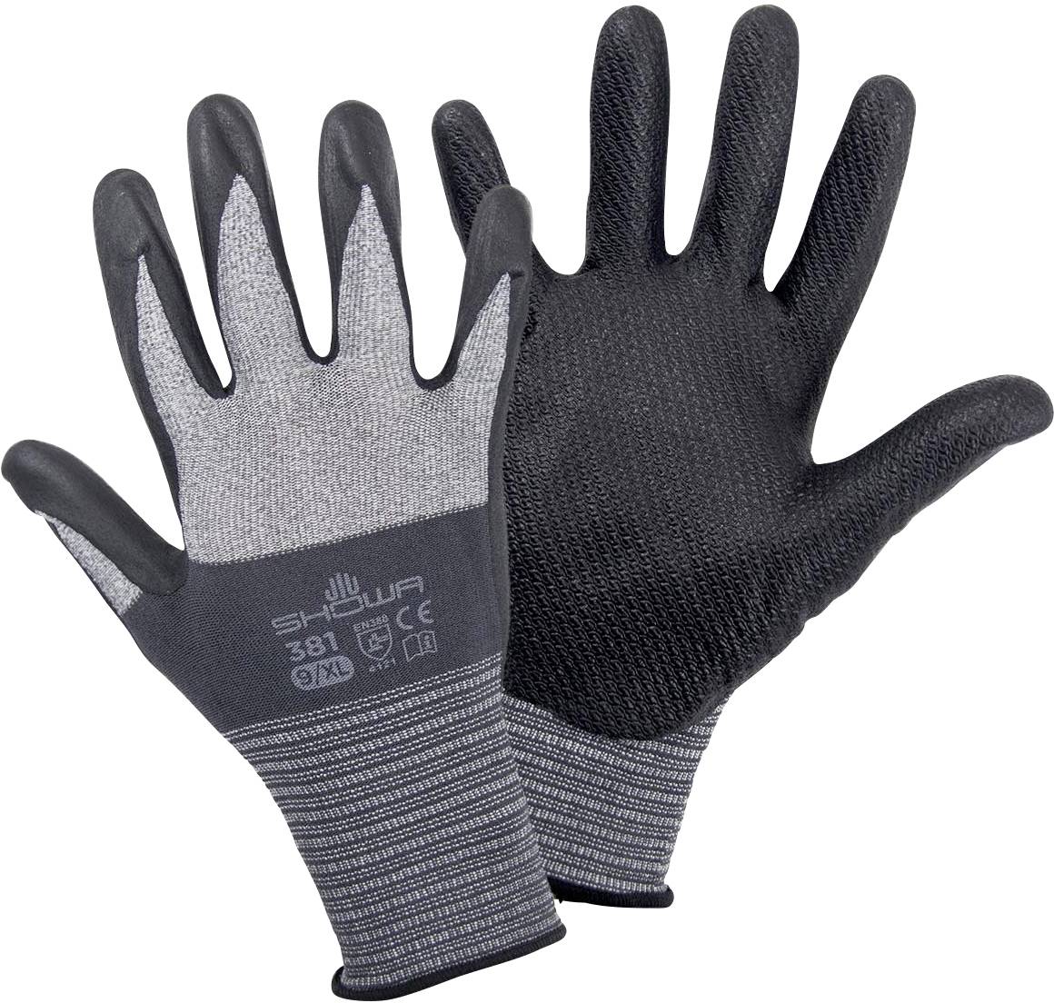 Zwei Arbeitshandschuhe aus grauem Stoff mit schwarzen Handflächen und Fingerspitzen, Schutzsymbole und Größenangabe aufgedruckt.