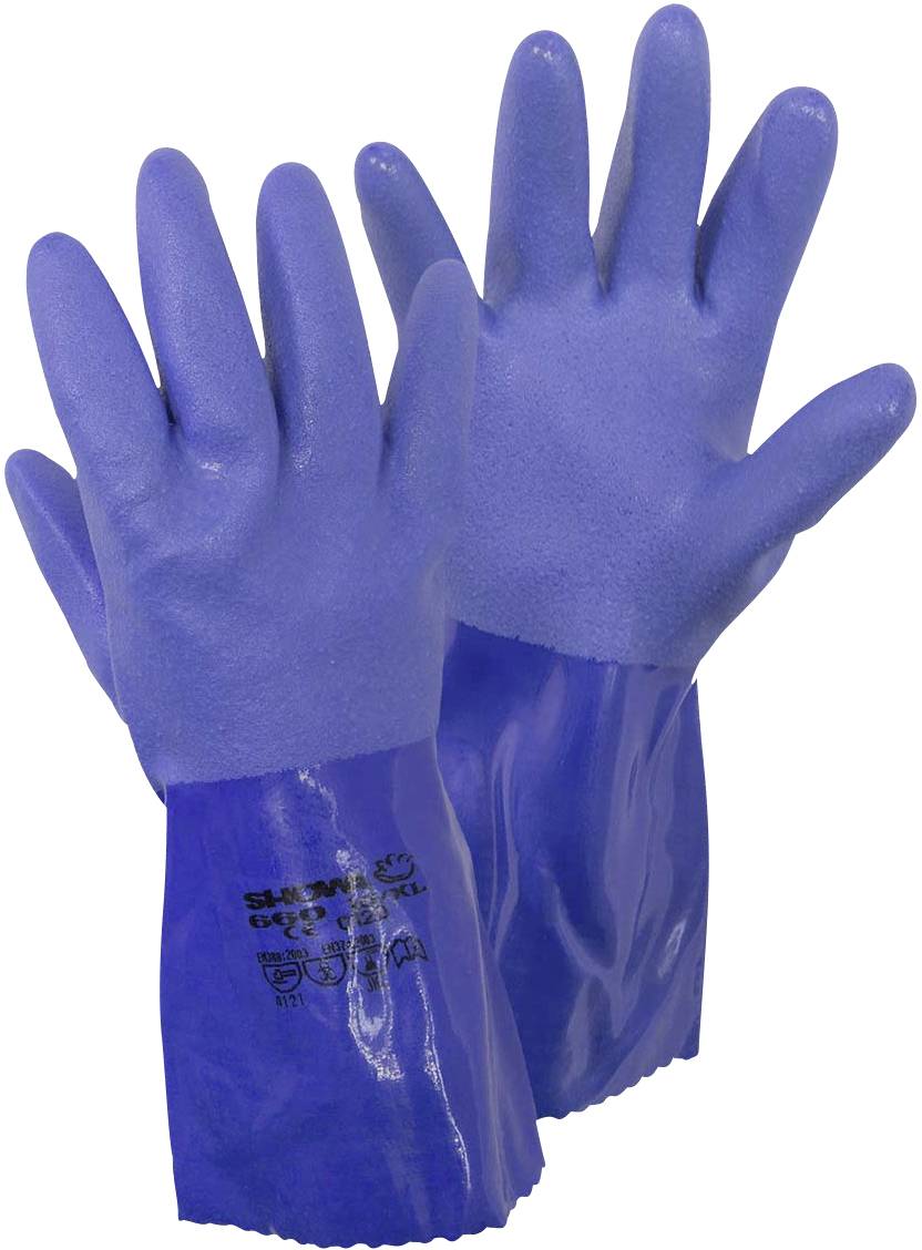Blaue chemikalienbeständige Handschuhe mit rauer Oberfläche, geeignet für Schutz bei Umgang mit gefährlichen Substanzen.