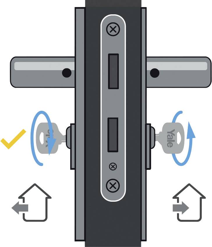 Die Abbildung zeigt eine Türverriegelungsmechanik mit einem Drehknauf auf einer Seite und einem Schloss auf der anderen. Ein Pfeil weist darauf hin, dass der Knauf im Uhrzeigersinn gedreht werden soll.