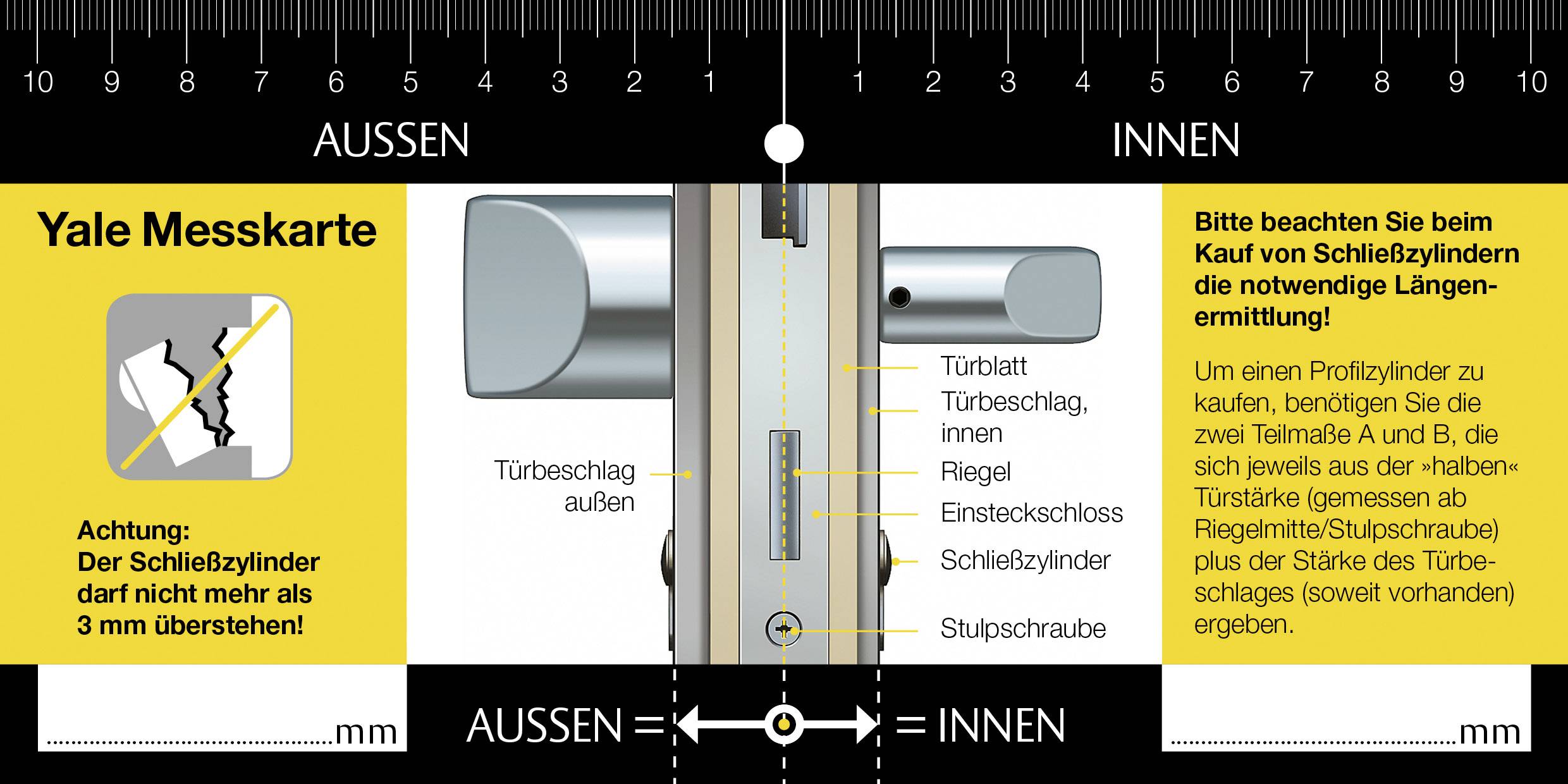 Messkarte zur Bestimmung der Schraublänge für Türzylinder. 'Yale Messkarte', zeigt Türblatt, Türbeschlag, Zylinder. Hinweis: nicht mehr als 3 mm überstehen.