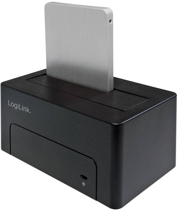 Externes Dockingstation-Gerät von LogiLink zum Anschluss von Festplatten mit einem sichtbaren, eingesteckten Laufwerk.