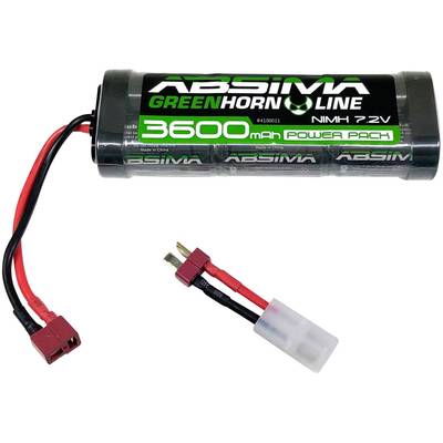 'ABSIMA Green Horn Line 3600 mAh NiMH 7.2V Power Pack' Batterie mit roten und schwarzen Kabeln und einem T-Stecker.