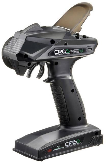 Funksteuerung für Modellbau, schwarz, ergonomischer Griff, Hebel und Tasten, Aufschrift 'CR6S', Batteriefach, An/Aus-Schalter.