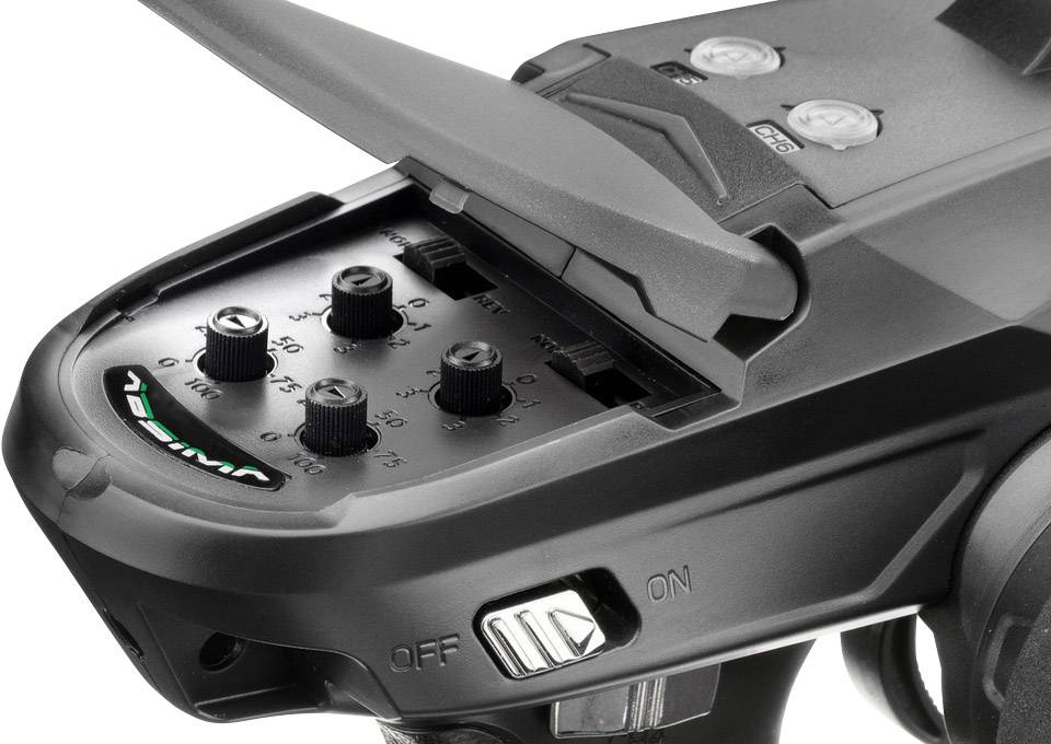 Drohnencontroller mit Bedienelementen und Schaltern, einschließlich Ein/Aus-Schalter und Steuerknöpfen für Funktionen.