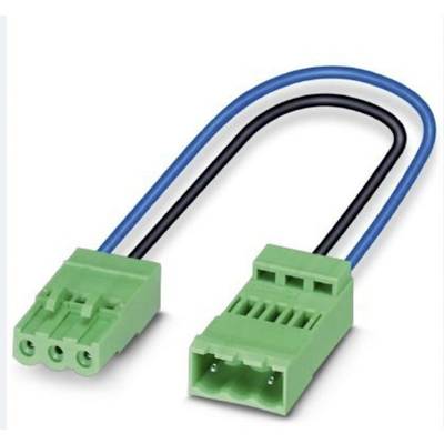 Zwei grüne Steckverbinder mit blauen und schwarzen Kabeln, die verbunden sind, zeigen eine elektrische Verbindung oder Verkabelung.