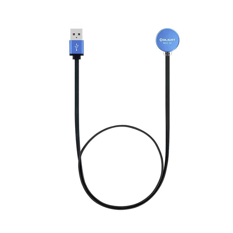 Blaues USB-Ladekabel mit magnetischem Anschluss, geeignet zum Aufladen kompatibler Geräte.
