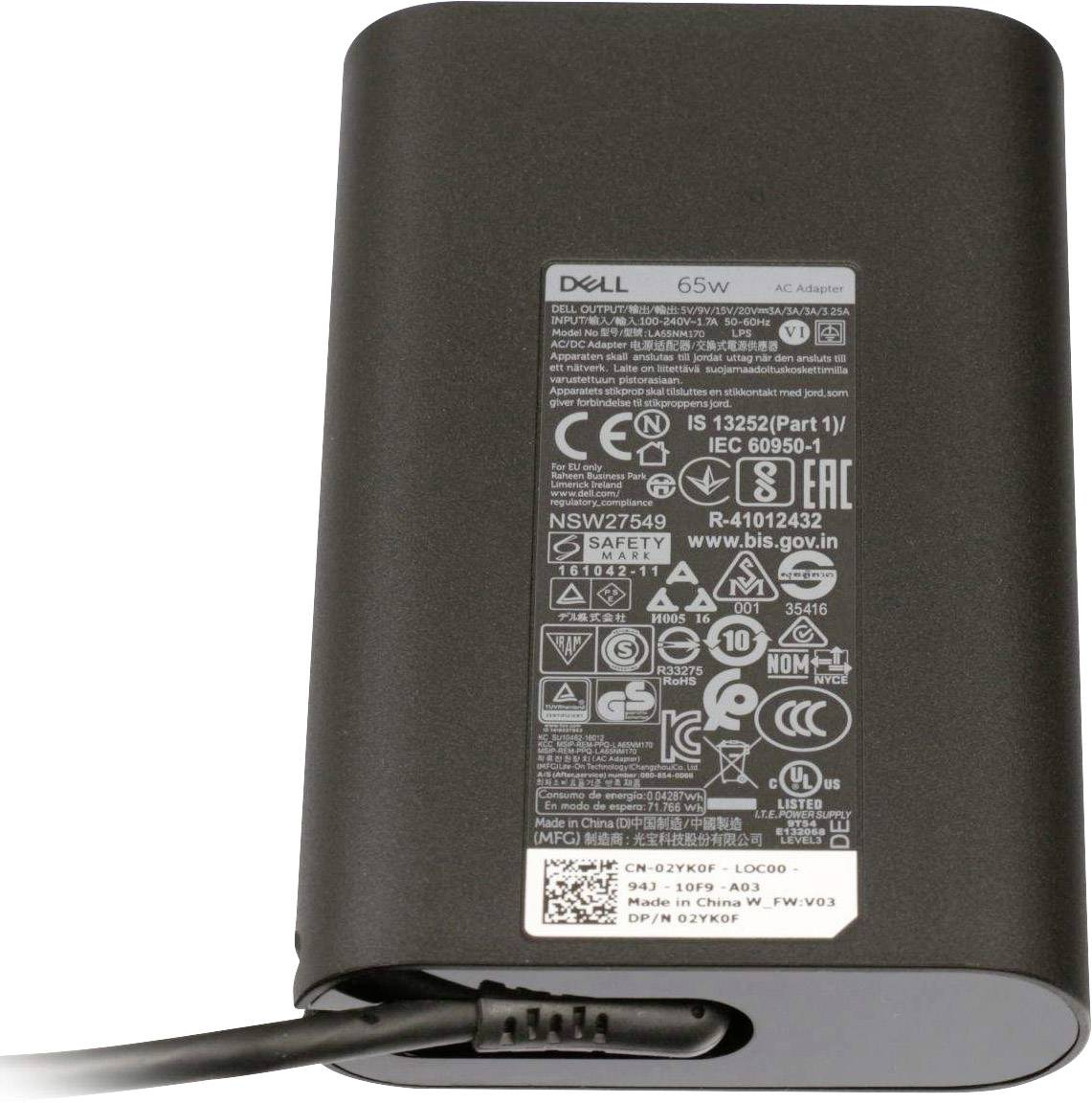 Ein schwarzes Netzteil mit einem Dell-Logo und technischen Informationen, einschließlich Leistung von 65W und elektrischen Spezifikationen.