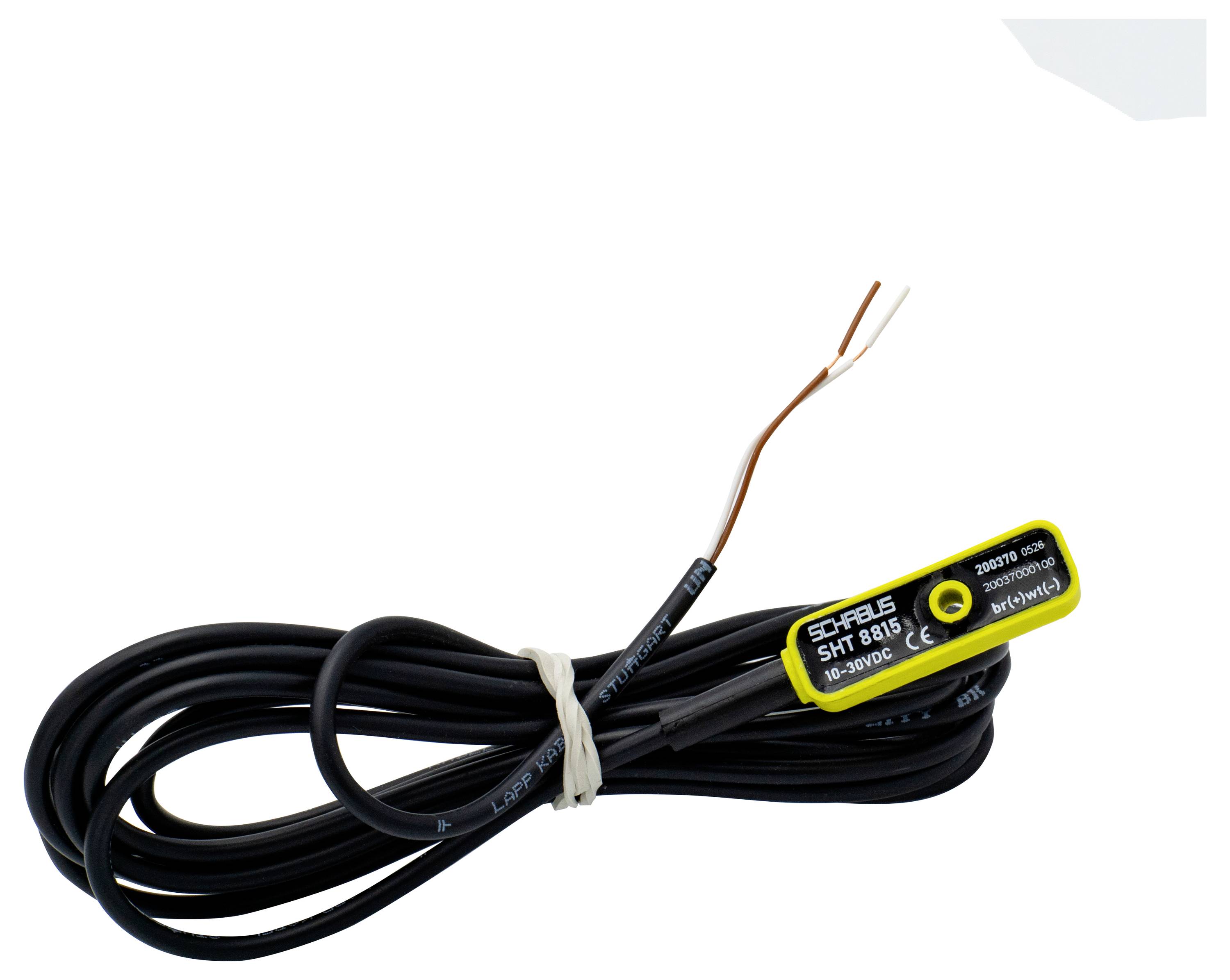 Schwarzes Kabel mit Drahtverbindung, eingebautem gelb-schwarzem Sensormodul und abisolierten Kupferendern, gebündelt auf weißem Hintergrund.