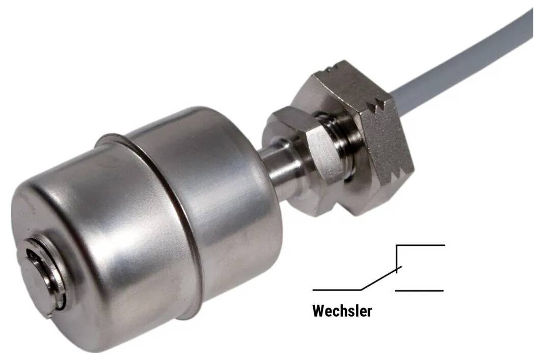 Sensor mit Kabelanschluss und Beschriftung 'Wechsler' zeigt Funktion oder Anschlussoption. Hauptsächlich aus Metall gefertigt.
