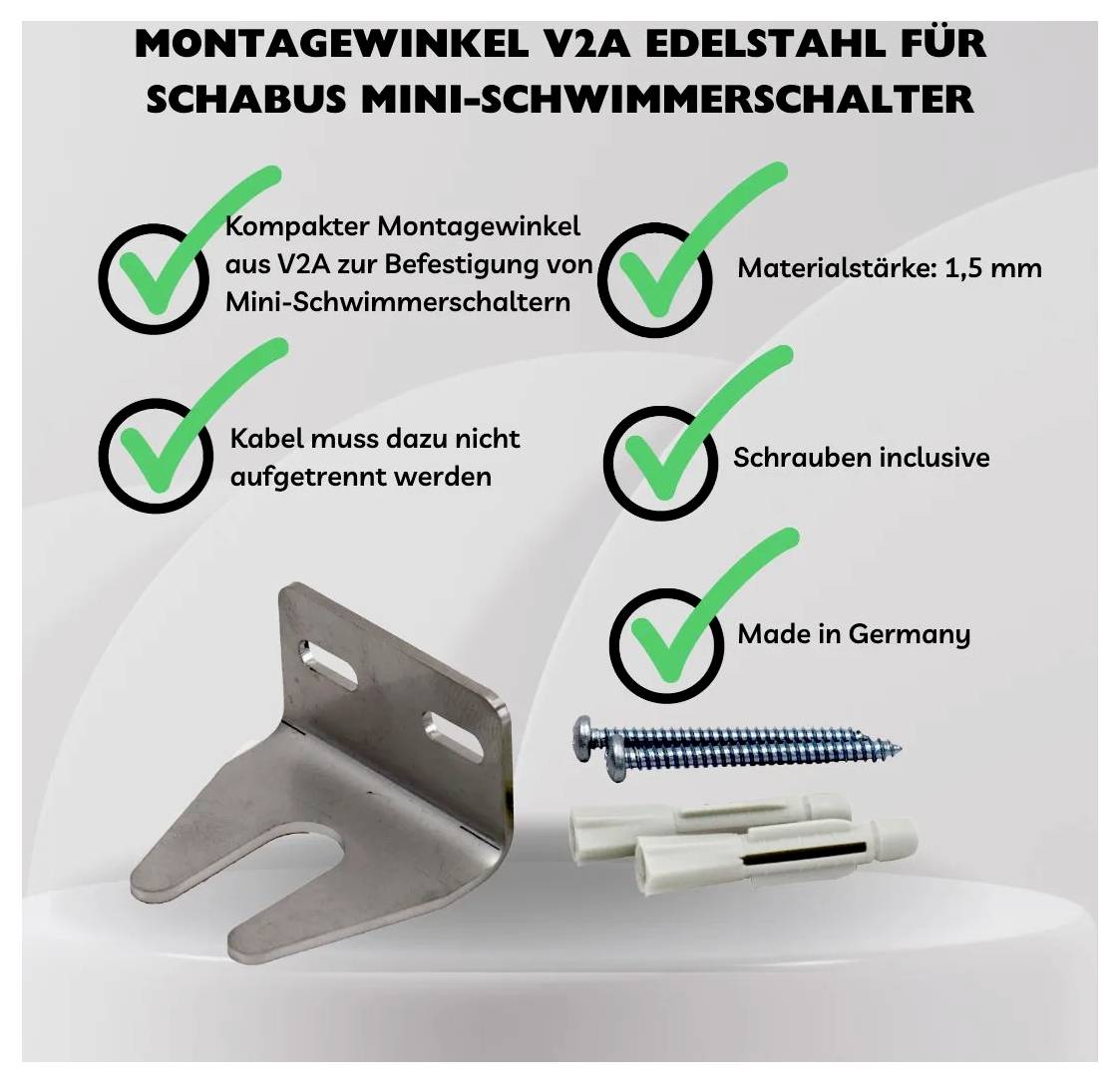 Kompakter Montagewinkel aus V2A Edelstahl für Mini-Schwimmerschalter. Inklusive Schrauben und Dübel, hergestellt in Deutschland. Materialstärke: 1,5 mm.