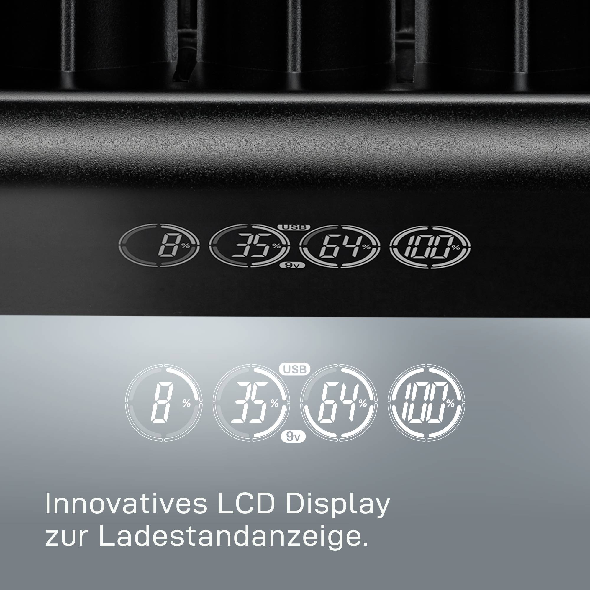 Innovatives LCD-Display zeigt den Ladezustand von 8%, 35%, 64% und 100% an. Zeigt Fortschritt des Ladevorgangs detailliert.