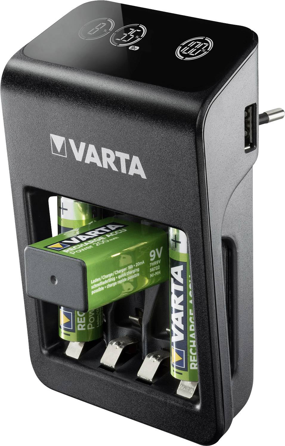 Ein schwarzes VARTA-Ladegerät mit eingelegten wiederaufladbaren Batterien verschiedener Größen, einschließlich einer 9V-Batterie.