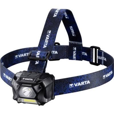 Schwarze Stirnlampe mit blauer, verstellbarer VARTA-Band, geeignet für Outdoor-Aktivitäten.